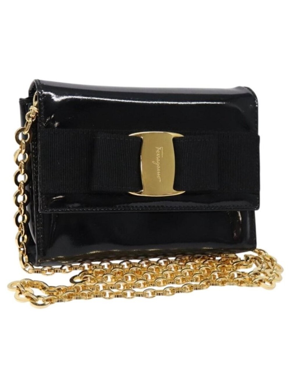 Authentic Salvatore Ferragamo Chain Shoulder Bag Enamel Black Gold